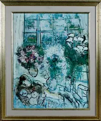repro by Marc Chagall, Marc Chagall, reproductie op linnen, liggend paar met bloemenvazen 49x59cm, sold Jan 2013