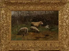 John Hulk, schapen, Johannes Frederik Hulk ( 1829 - 1911 Haarlem), olieverf op linnen, landschap met schapen in wei 48x30cm
