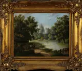 Paneel 19e eeuw, J.C. Jansen 1861, Janse 1861, olieverf op paneel, riviergezicht met bomen en figuren (Belgische school) 28x35cm