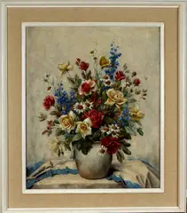 stilleven by Hugo Berten, Hugo Berten, Kalk (Dld) 194-Laren 1959, olieverf op linnen, vaas met gemengde bloemen, sold Jan 2013
