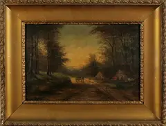 Schilderij ca, bospad, Onduidelijk gesigneerd,olieverf op paneel, bospad met huis en figuren, ca.1900, 40x60cm., Cond.:R