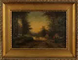 Schilderij ca, bospad, Onduidelijk gesigneerd,olieverf op paneel, bospad met huis en figuren, ca.1900, 40x60cm., Cond.:R