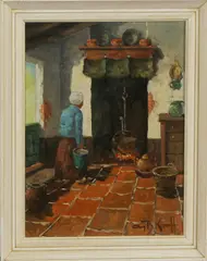 Larense school, interieur, 1930, olieverf op linnen, boereninterieur 30x40cm