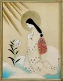 Japanse prent, geisha, 1950, gouache op zijde, Japanse geisha met bloem 33x42cm