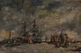 Ongesigneerd schilderij, boten, Ongesigneerd 20e eeuw, olieverf op paneel, diverse boten bij de kust 24x10cm