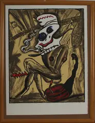 Litho met pamflet, Bervoets, Fred Bervoets, lithografie handgesigneerd fantasievoorstelling (litho en affiche) 52x68cm