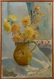 Jan Kagie Jr., stilleven, (Den Haag 1907 - ), olieverf op linnen, schenkkan met bloemen 40x60cm