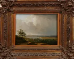 Romantische school, 19e eeuw, 1850, olieverf op paneel, romantisch landschap met panorama en figuren 25,9x18,9cm