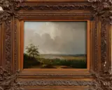 Romantische school, 19e eeuw, 1850, olieverf op paneel, romantisch landschap met panorama en figuren 25,9x18,9cm