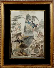 Ingekleurde gravure, putti, Hoogkamer, handingekleurde gravure op papier, het derde eeuwfeest der Kerk hervorming 1817, DFM Lutherus 38x28cm