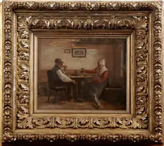 Anton Burger, stel in boereninterieur, Anton Burger ( 1824 -1905 Duitse School), olieverf op paneel, boeren echtpaar bij ontbijttafel 28x24cm