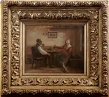 Anton Burger, stel in boereninterieur, Anton Burger ( 1824 -1905 Duitse School), olieverf op paneel, boeren echtpaar bij ontbijttafel 28x24cm