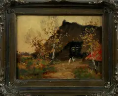 Ten Cate, boerderij met kipjes, J. ten Cate, olieverf op paneel, boerenschuur met kippen 18x24cm