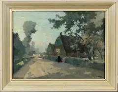 Ype Wenning, schilderij, Ype Wenning (Leeuwarden 1879 - 1959 Wassenaar), olieverf op linnen, boerin op pad met boerderij 40x30cm