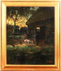 M. Otte, boer en bok, Ottee) ( 1898 Den Haag - ), olieverf op linnen, boerenschuur met met en geit 50x60cm
