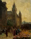 Joop Kropff, bloemenmarkt, Joop Kropff ( Den Haag 1892 - ), olieverf op linnen, stadsgezicht met bloemenmarkt, vele figuren en oldtimer 27x35cm