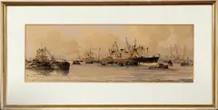 M. de Jongere, aquarel, Marius de Jongere (Drulman) (Amsterdam 1912 - ), aquarel op papier, Rotterdams havengezicht 36x13cm