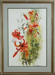 Gouache '84, bloemen, Onduidelijk gesigneerd 1984, gouache op papier, bloemen 39x58cm
