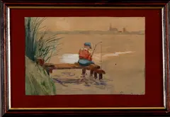 Fons van de Berg 28, visser, Fons van den Berg 1928 (Utrecht 1888 - 1937 Amsterdam), aquarel op papier, visser op steiger 23x15cm
