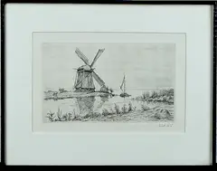 van der Valk, gezicht op water met molen, Valk, ets op papier, riviergezicht met molen 32x19cm