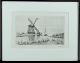 van der Valk, gezicht op water met molen, Valk, ets op papier, riviergezicht met molen 32x19cm