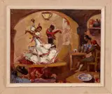 Onduidelijk gesig., Spaanse dansers, 1960 (Millan....?), olieverf op linnen, Spaanse dansers op tafel (scheurtje) 33x40cm