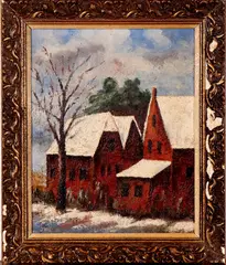 J. Nieweg, wintergezicht, Nieweg, olieverf op linnen, expressionistisch wintergezicht met huizen 40x50cm
