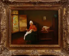 H. Leuverink, handwerkende vrouw, Leuverink 20e eeuw, olieverf op paneel, handwerkende vrouw 30x40cm