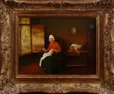H. Leuverink, handwerkende vrouw, Leuverink 20e eeuw, olieverf op paneel, handwerkende vrouw 30x40cm