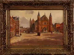 Charles Dijkman ca, stadsgezicht, 1900, olieverf op linnen, Hollands stadsgezicht met figuren 40x60cm