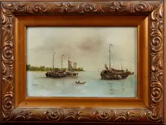 E.A. Kelinger, vissersboten, 1930, olieverf op paneel, vissersboten op een meer 15x24cm