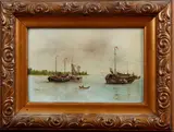 E.A. Kelinger, vissersboten, 1930, olieverf op paneel, vissersboten op een meer 15x24cm