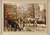 Ton Anconé, Amsterdam winter, Ton Ancone Oldenzaal, olieverf op linnen, Amsterdam met figuren in de sneeuw 60x90cm