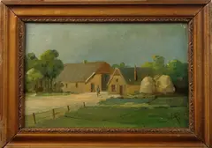 boerderij by Monogram ca, 1900, olieverf op paneel, Twentse boerderij met figuur 20x30cm, sold Oct 2012
