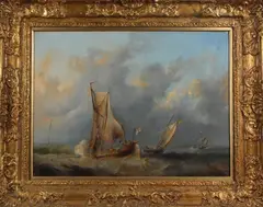 Onduidelijk gesig., schepen, 1900, olieverf op linnen, Hollandse zeilboten op ruwe zee ( 2 plakkers) 60x80cm