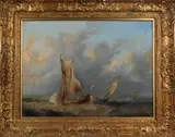 Onduidelijk gesig., schepen, 1900, olieverf op linnen, Hollandse zeilboten op ruwe zee ( 2 plakkers) 60x80cm