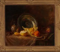 Jan H. Bolink, stilleven, Jan Hendrik Bolink (Enschede 1913 - Enschede), olieverf op linnen, stilleven met fruit, tin en glas 50x60cm