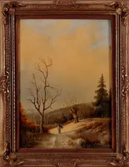 W. Peters, wintergezicht, Peters 19e eeuw, verso Wilhelm Otto Peters, olieverf op linnen, man met sprokkelhout in winters landschap 33x24cm