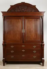 Drents eiken kabinet ca, ca. 1820, Brons beslag en volle zuilen met messing capitellen