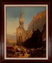 Groot schilderij, dorpsgezicht, Onduidelijk gesigneerd, olieverf op linnen, Oosters markttafereel met kerk en gebergte