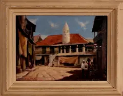 Indonesisch schilderij, dorpsgezicht, Onduidelijk gesigneerd Indonesë 50-er jaren, olieverf op paneel, Indonesisch dorpsgezicht met figuren 30x40cm