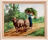 Onduidelijk gesig., vrouw met schapen, Onduidelijk gesigneerd, olieverf op linnen, Oosterse vrouw met ram en schaap 50x40cm