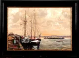 Jos Vos, de IJsselkade, Jos Vos, olieverf op linnen, de IJsselkade bij Kampen 53x36cm