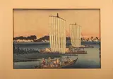 Japanse aquatint ca, riviergezicht, 1900, gesigneerd, aquatint op papier, riviergezicht met Japanse schepen en figuren 25x17cm