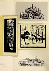 Cor Vons, 3 Houtsnedes + 1 Litho, Vier werken Cornelis Vons (Ierseke 1903 -Ede), 3x houtsnedes en 1x drukwerk o.a; winter- en dorpsgezichten