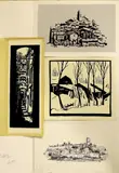 Cor Vons, 3 Houtsnedes + 1 Litho, Vier werken Cornelis Vons (Ierseke 1903 -Ede), 3x houtsnedes en 1x drukwerk o.a; winter- en dorpsgezichten