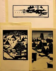 Cor Vons, 3 Houtsnedes, Drie houtsnedes van Cornelis Vons (Ierseke 1903 - Ede), houtsnedes op papier, 3x wintergezicht 24x9cm