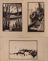 Cor Vons, 3 Houtsnedes, Drie houtsnedes van Cornelis Vons (Ierseke 1903 - Ede), houtsnedes op papier; 1x cactussen Curacao 26x14cm
