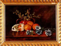 Schilderij H. Werker, stilleven, Werker 1916, olieverf op linnen, stilleven met bloemen en fruit 48x35cm
