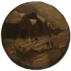 Rond schilderij, winter, 1900, geschilderd op terracotta ø21cm